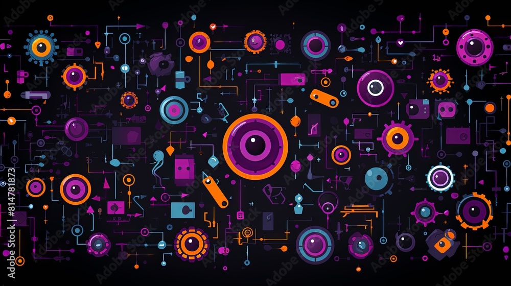 Colorful abstract technology background with various digital elements and icons. Purple, orange, and blue hues on dark background. Concept of modern technology, innovation, and digital connectivity. Colorful abstract technology background with various digital elements and icons. Purple, orange, and blue hues on dark background. Concept of modern technology, innovation, and digital connectivity.