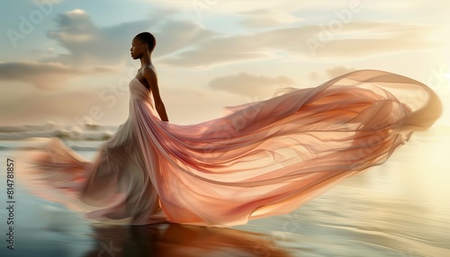 Sunset Symphony: Graceful African Woman in a Cascading Coral Gown on the Ocean Shore