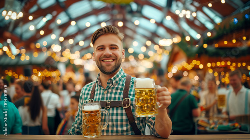 Cheerful young Caucasian man in traditional German lederhosen, holding beer mugs at Octoberfest, smiling to camera with vibrant music stage and bustling crowd in decorated concert hall photo