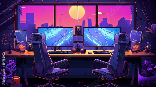 Colorful gaming workspace with dual monitors, gaming chairs, and various tech accessories. The sunset backdrop adds a vibrant and dynamic feel to the setup. Perfect for gamers and tech enthusiasts