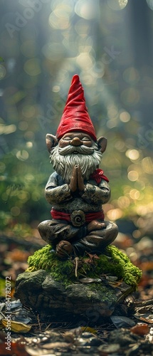 Gnome Groundedness Illustrate gnomes in a yoga practice, their stout bodies blending with the roots and stones of the forest floor, embodying the harmony between nature and mythical beings 8K , high-r photo