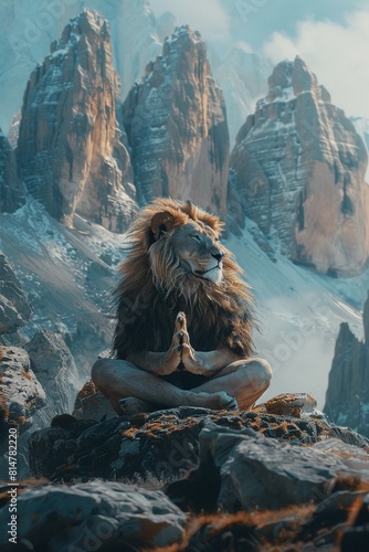 Griffin Grounding Create an image of griffins in a grounding yoga pose, their lion bodies merging with the earth and rocks of their mountainous habitat 8K , high-resolution, ultra HD,up32K HD