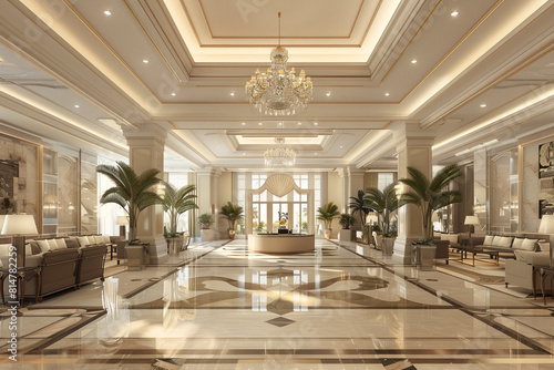Step into the world of luxury and modern comfort as you enter the hotel lobby. With its elegant design, marble floors, and stylish furnishings, it's a welcoming space for relaxation and business. © Kinza