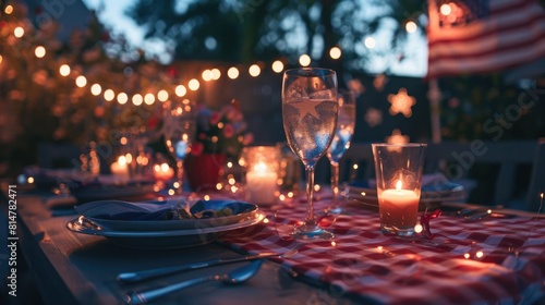 Charming Fourth of July dinner setup for a young couple with themed decorations, patriotic tablecloth, and starspangled centerpieces