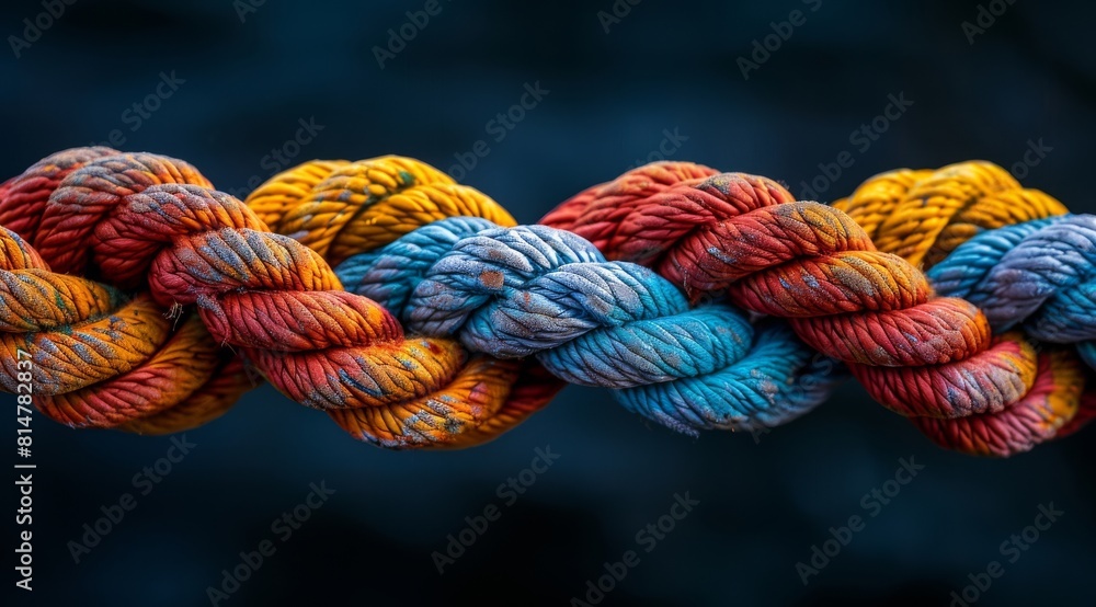 Colorful rope knots intricately tied on a dark backdrop, symbolizing unity and strength Colorful rope knots intricately tied on a dark backdrop, symbolizing unity and strength