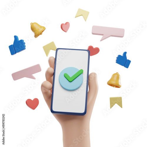 Cartoon hand with mobile phone with many icons around isolated on white background. 3d illustration.