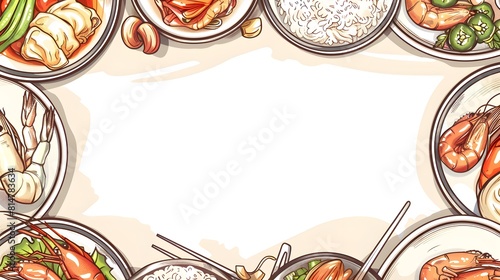 Depiction of various seafood and noodle dishes with central white space on each plate isolated dish frame for food event invitation