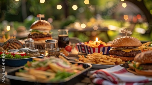 Fourth of July picnic table with red  white  and blue decorations  hamburgers  and a basket of crispy French fries