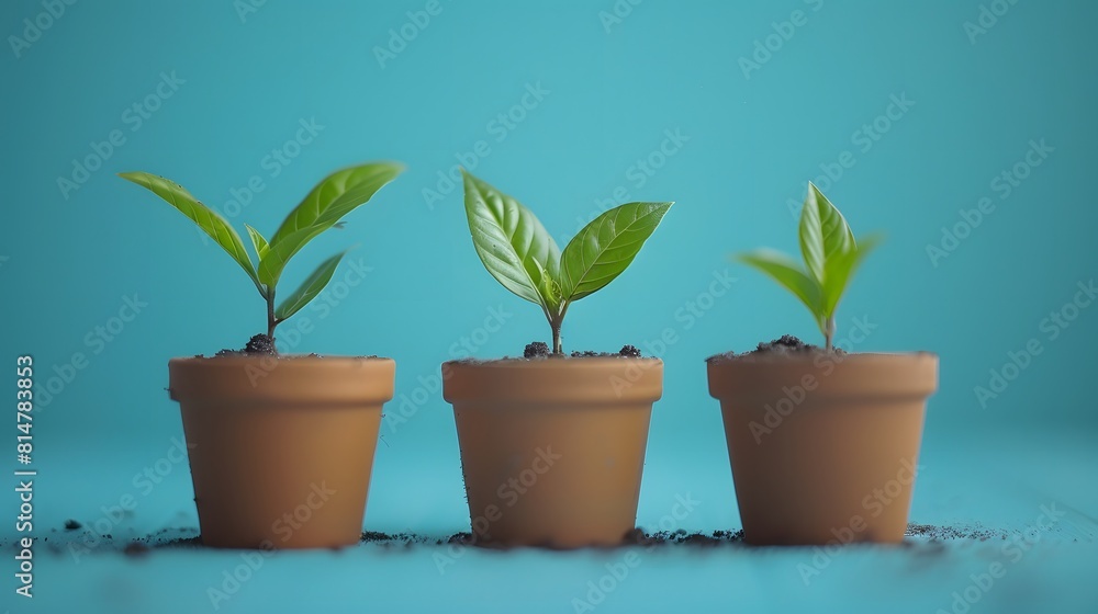 3 small plants growing in pots on blue background, green plant, concept for business growth and financial success of company or estate real standartized composition .
