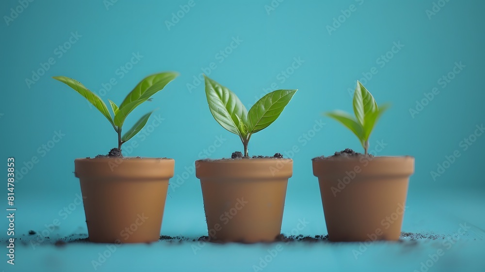 3 small plants growing in pots on blue background, green plant, concept for business growth and financial success of company or estate real standartized composition .
3 small plants growing in pots on blue background, green plant, concept for business growth and financial success of company or estate real standartized composition .