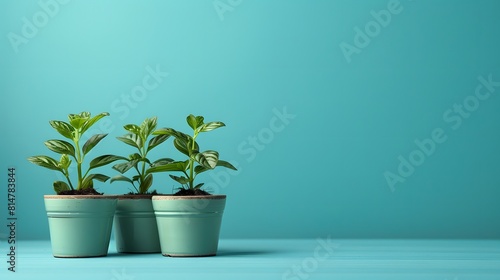 3 small plants growing in pots on blue background, green plant, concept for business growth and financial success of company or estate real standartized composition . 