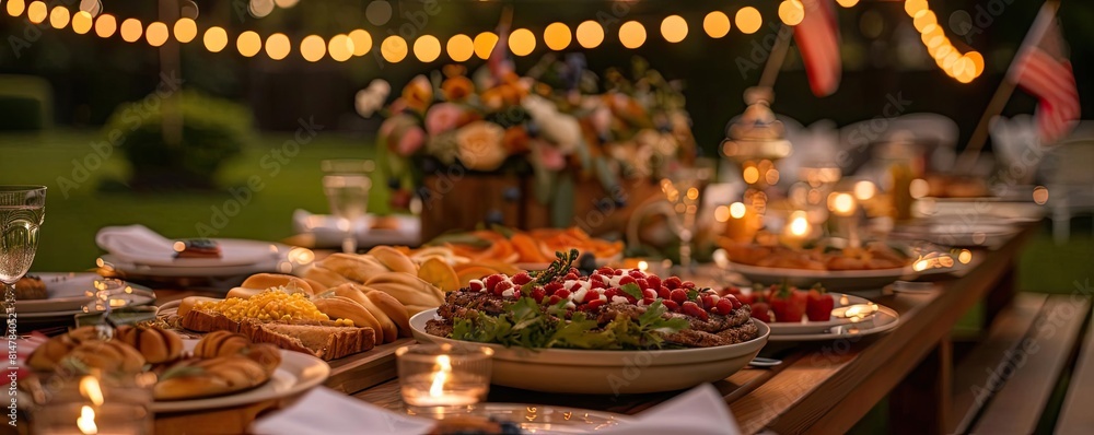 Patriotic Fourth of July dinner table in the backyard with red, white, and blue decorations, American flags, and festive table settings Patriotic Fourth of July dinner table in the backyard with red, white, and blue decorations, American flags, and festive table settings