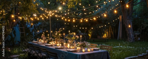 Patriotic Fourth of July backyard dinner with themed decorations, starspangled table settings, and cozy ambiance
