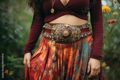 Close-up of a woman's bohemian outfit with a focus on a decorative belt in a lush environment © juliars