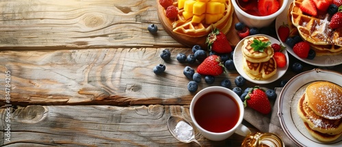 A continental breakfast spread of pancakes, waffles, and fresh fruits provides a delightful start to any morning, with solid background and copy space on center for advertise photo