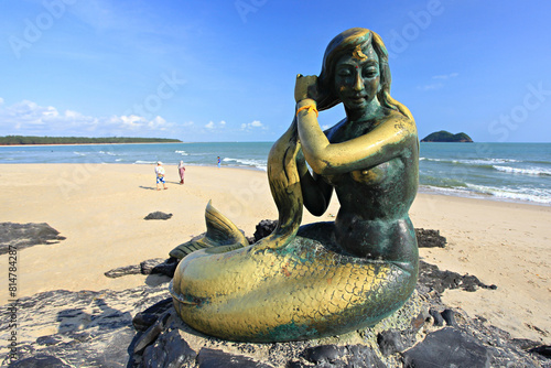 Golden mermaid statues on Samila beach. Landmark of Songkhla Province, Thailand