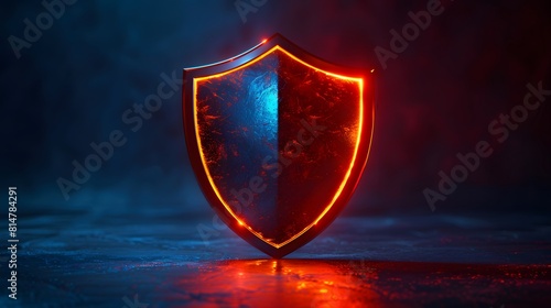 3D render of a simple shield icon on a blue background, with glowing light effects. 
