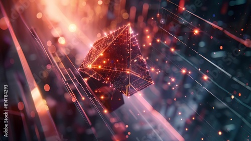 An imaginative depiction of a blockchain shard suspended in a beam of light, protected by laser grids