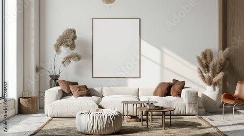 Contemporary living room with a mockup poster frame  modern artistic sculptures  and a sleek  minimalistic design  3D illustration