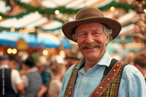 Joyous mature Caucasian man in traditional attire with a hat, smiling at Octoberfest amidst a lively crowd, representing the festive spirit of the cultural event
