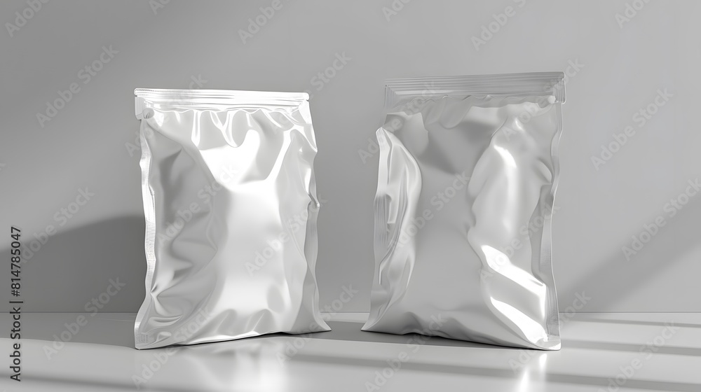 3d render of blank white foil bag packaging for chips or snacks, mockup isolated on gray background.
3d render of blank white foil bag packaging for chips or snacks, mockup isolated on gray background.