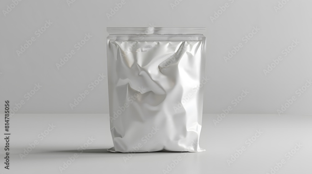 3d render of blank white foil bag packaging for chips or snacks, mockup isolated on gray background.
3d render of blank white foil bag packaging for chips or snacks, mockup isolated on gray background.
