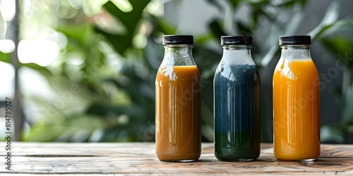 Three neatly lined up cold-pressed juice bottles on a wooden table. Concept Still life  Cold-pressed juice  Wooden table  Healthy lifestyle  Beverage photography