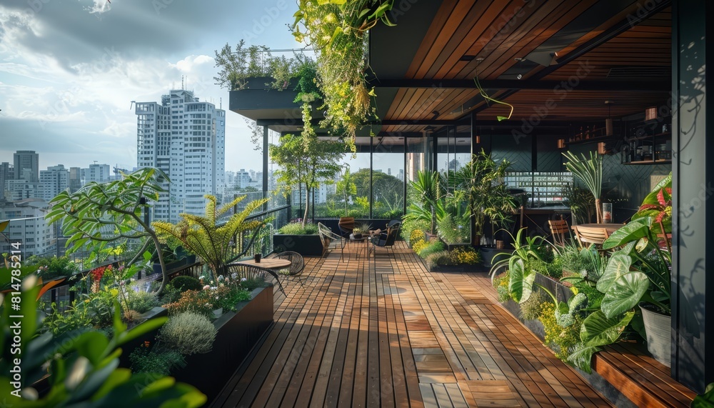 A hidden botanical garden on a rooftop in a bustling metropolis, where exotic plants emit soft, musical sounds reacting to human touch