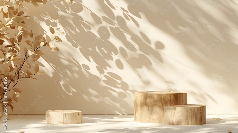 A mockup of two podiums made from natural wood, one cylindrical and the other square, with shadows cast on them in the style of autumn leaves.
A mockup of two podiums made from natural wood, one cylindrical and the other square, with shadows cast on them in the style of autumn leaves.