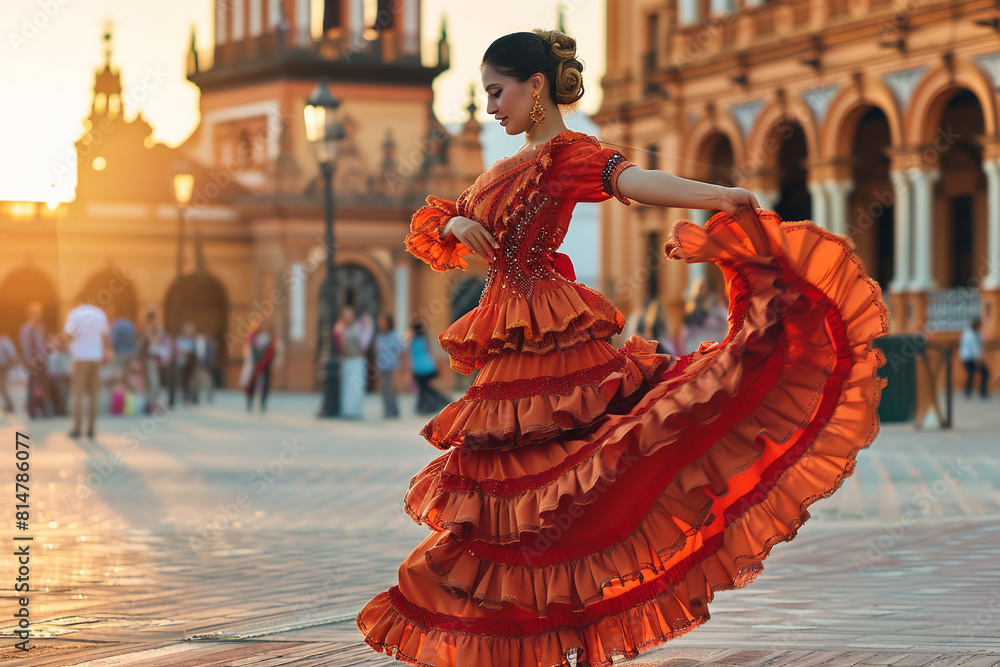 Obraz premium Beautiful female flamenco dancer in traditional dance dress. Young woman dancing flamenco on oldtown square