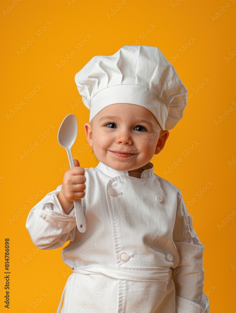 Portrait a Cute little professional chef with ladle showing thumb-up on color background Portrait a Cute little professional chef with ladle showing thumb-up on color background