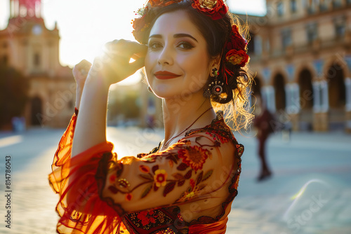 Beautiful female flamenco dancer in traditional dance dress. Young woman dancing flamenco on oldtown square