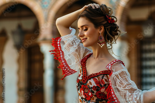 Beautiful female flamenco dancer in traditional dance dress. Young woman dancing flamenco on oldtown square