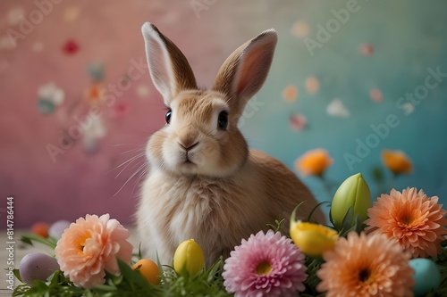 Portrait of cute baby rabbit with flowers Little bunny