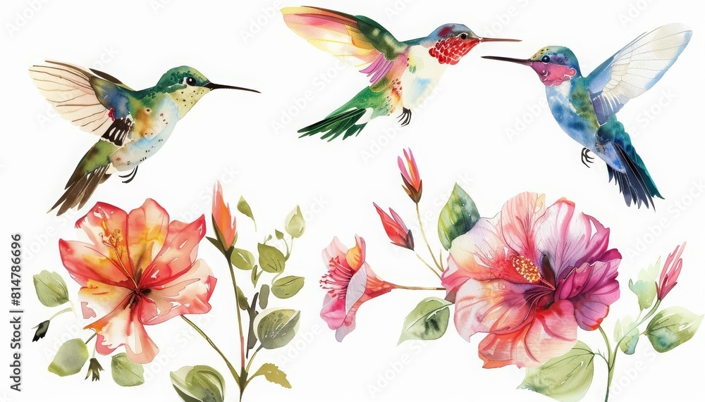 A set of watercolor hummingbirds hovering near vibrant flowers, their wings a blur of motion, isolated concept minimal with white background A set of watercolor hummingbirds hovering near vibrant flowers, their wings a blur of motion, isolated concept minimal with white background