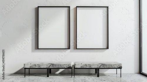 Elegant minimalist interior with two blank frames on a wall above a concrete bench, featuring a white textured background for a gallerylike display, 3D illustration photo