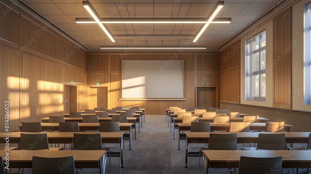 A modern, empty classroom with desks and chairs arranged in rows under the light of LED lighting fixtures on ceilings.
A modern, empty classroom with desks and chairs arranged in rows under the light of LED lighting fixtures on ceilings.