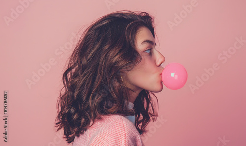 side profile of young woman blowing pink bubble gum on pastel background © Nate