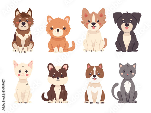 Set of vector illustrations of cute and funny pets in flat style. Various breeds of dogs and cats in a sitting position, isolated on a white background. Pets
