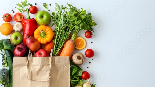 A paper bag with vegetables and fruits on the left side of an empty white background  banner for online grocery shopping website . 