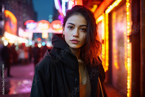 Street style photography of a young woman in china town, neon lighting, cold winter day