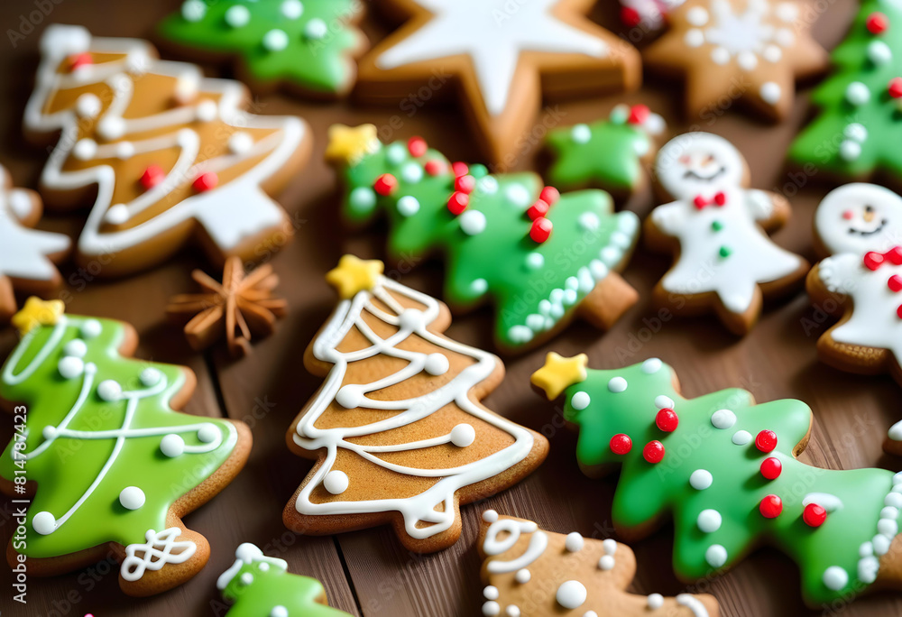 A plate of gingerbread cookies shaped like Christmas trees, decorated with icing decorations. A plate of gingerbread cookies shaped like Christmas trees, decorated with icing decorations.