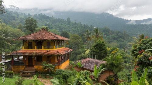 A yellow house is perched atop a vibrant, green hill in the countryside. © Emiliia