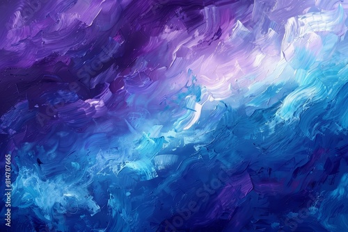Abstract oil paint texture of complementary blue and purple hues, resembling rough ocean waves on a dynamic, artistic background photo