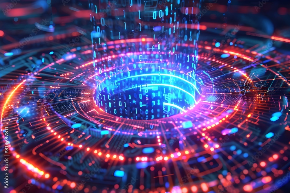A computer chip with a hole in the middle. The hole is surrounded by a blue and red circle A computer chip with a hole in the middle. The hole is surrounded by a blue and red circle