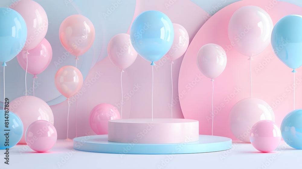 A pastel-colored podium with balloons floating above, creating an enchanting and whimsical atmosphere for product display.
A pastel-colored podium with balloons floating above, creating an enchanting and whimsical atmosphere for product display.