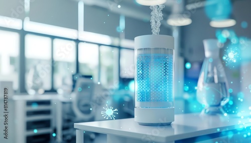 Air purification technology is tested in a sterile lab environment to evaluate its efficacy against airborne viruses, Sharpen close up hitech concept with blur background photo