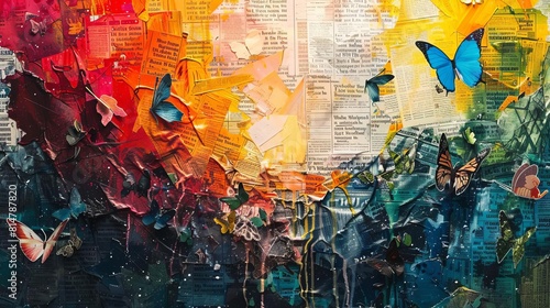 A surrealistic landscape of a dreamlike world  creatively assembled using colorful newspaper print fragments
