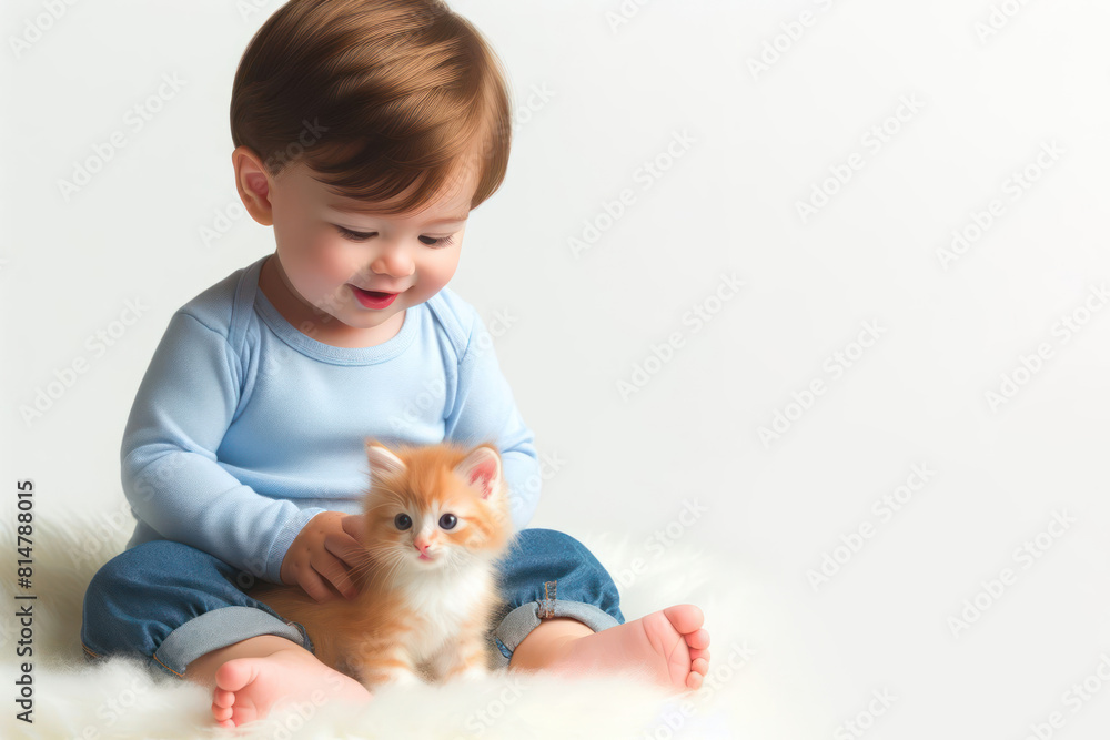 The baby play with kitten and sits on it Isolated on white background The baby play with kitten and sits on it Isolated on white background