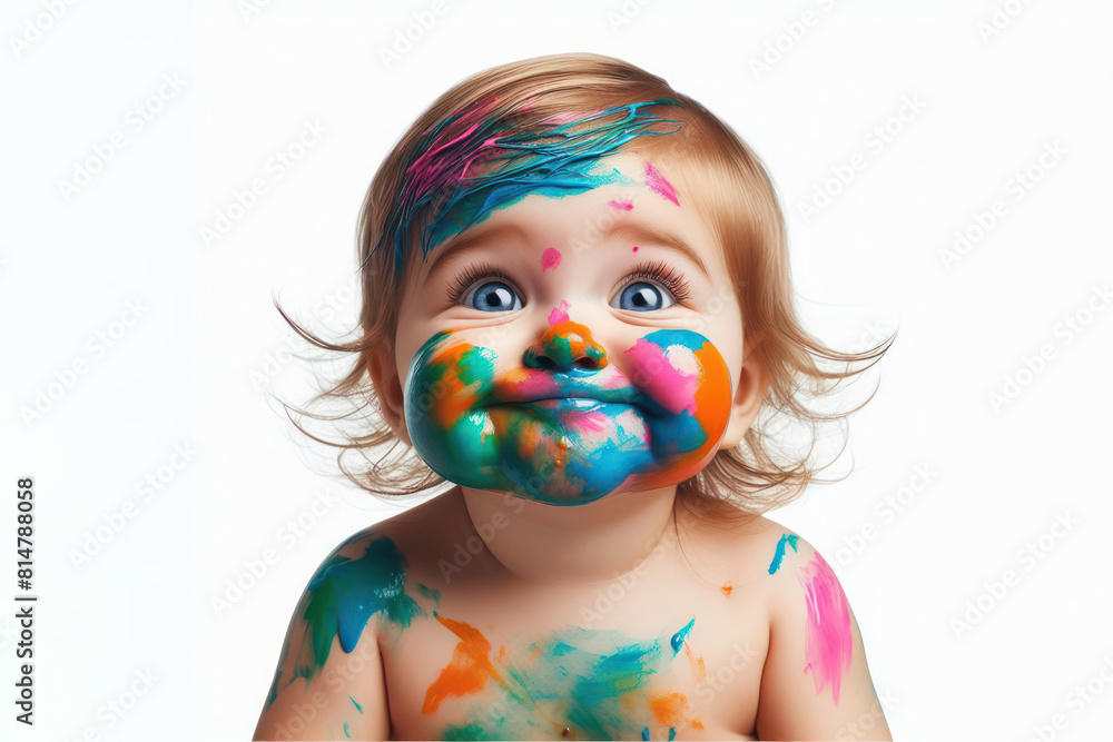 Naklejka premium The funny baby is completely smeared with colored paint Isolated on white background
